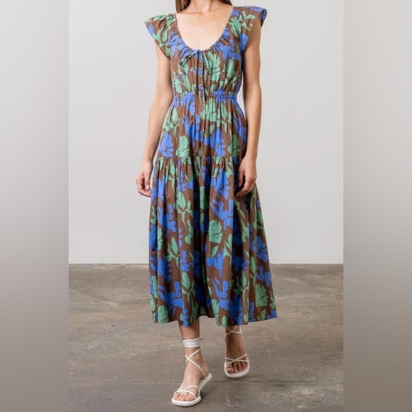 Moon River Anthropologie Button Front Ruffle Midi Dress Medium cotton floral - Picture 1 of 16
